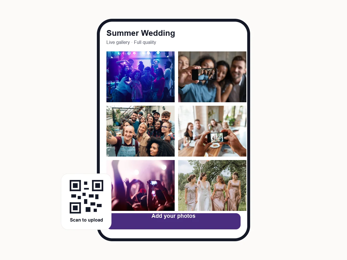 A phone showing a live event gallery full of guest photos, with a QR code card that says Scan to upload